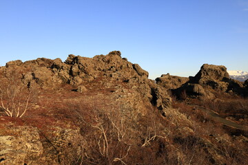 Dimmuborgir is a large area of unusually shaped lava fields east of Mývatn in Iceland