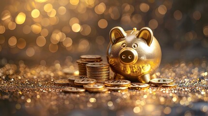 The golden piggy bank is surrounded by a large number of bitcoin coins on a dark background