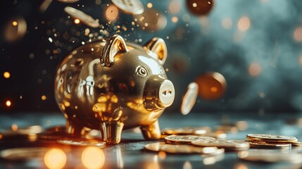 The golden piggy bank is surrounded by a large number of bitcoin coins on a dark background