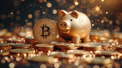 The golden piggy bank is surrounded by a large number of bitcoin coins on a dark background