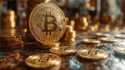 A stack of gold bitcoin coins on a dark background. financial background, money