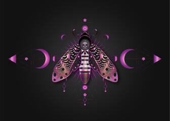 The death's head moth on Sacred Geometry. Night mystical butterfly with a skull and Moon Phases. Purple luxury vector illustration of celestial Acherontia winged insect isolated on black background 