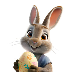 Happy Easter: Adventures of the Cute Cartoon Easter Bunny and 3D Rabbit with an Easter Egg, Isolated on Transparent Background, PNG