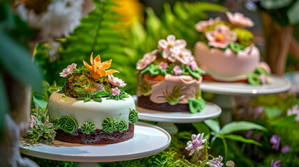 Obraz na płótnie Canvas Elegant desserts of very high quality, decorated with flowers, unusual presentation, and works of culinary art, for weddings and children's parties.