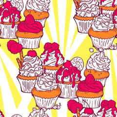 Tasty sweet cupcake dessert decorative seamless pattern for textile design, fabric print, digital or wrapping paper, wallpaper, background and backdrop, bakery shop decoration, cafe, restaurant menu.