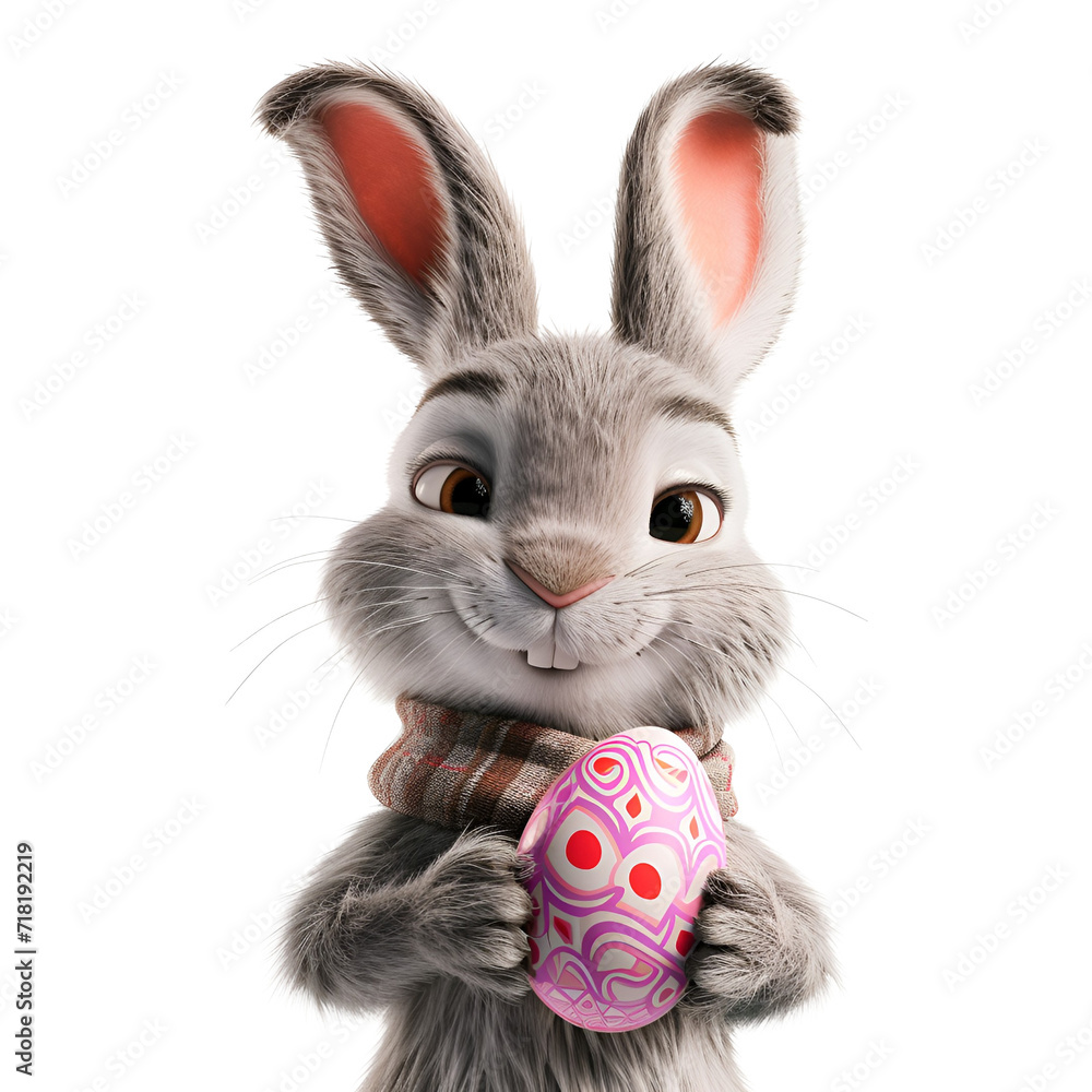 Wall mural happy easter from the cute cartoon easter bunny and 3d rabbit holding an easter egg, isolated on tra