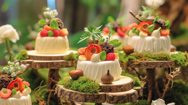 Elegant desserts of very high quality, decorated with flowers, unusual presentation, and works of culinary art, for weddings and children's parties.