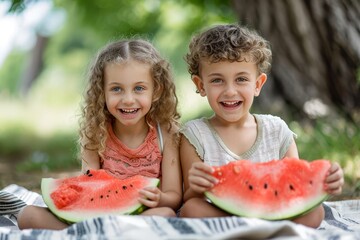 A happy young boy and girl, dressed in bright clothing, share a sweet moment outdoors as they hold a juicy watermelon, their beaming smiles reflecting the joy of summertime