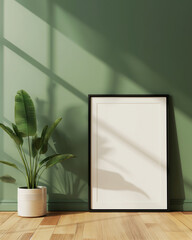 Blank black thin poster frame with white passe-partout mock up template, room interior in scandinavian style, dark walls, wooden floor and green plant. Ray of sun