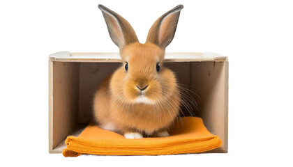 Cute brown rabbit peeking out of a box, isolated on transparent background