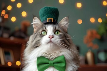 A festive feline with luxurious fur dons a charming green bow tie and dapper hat, adding a touch of elegance to the cozy indoor setting