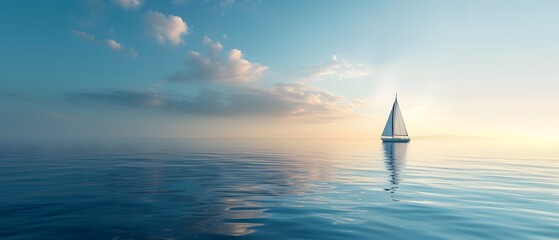 sailing boat on the sea, serene coastal scene with a lone sailboat gliding across calm waters, surrounded by a panoramic view of the horizon