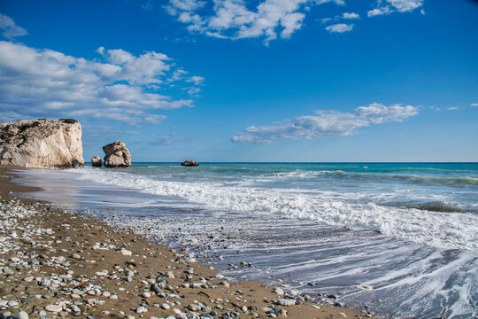 Aphrodite Beach with Stone Rocks in Aphrodite bay of Mediterranean sea water, Petra tu Romiou, Cyprus (1)