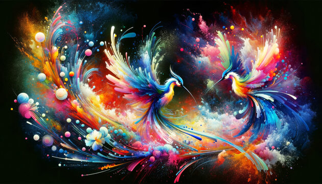 Cosmic Hummingbirds in Abstract Flight.
Two hummingbirds in flight, rendered in a swirl of cosmic colors and abstract art.