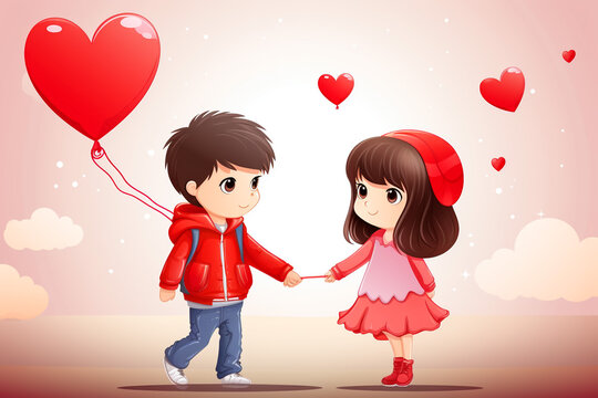 Saint Valentine's day. Pretty girl with red dress kissing a gentleman boy with blue vest, red butterfly tie, red roses bucket and heart shaped gift box. Valentines day kids. Love and friendship

