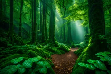 Keuken foto achterwand Groen . A serene landscape unfolds in the enchanted forest, where emerald hues dominate the scene
