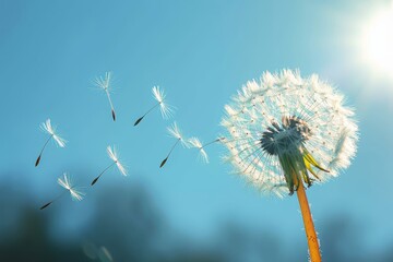 A delicate dandelion seed dances through the winter sky, surrounded by the vibrant blue and dandelion green of nature, accompanied by a curious bird and wild carrot flowers