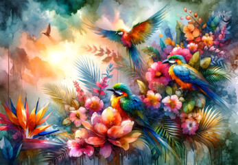 Obraz na płótnie Canvas Dreamy Tropical Bird Illustration. Artistic rendering of birds in a dreamy tropical garden.