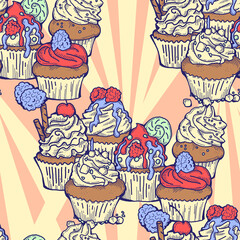 Tasty sweet cupcake dessert decorative seamless pattern for textile design, fabric print, digital or wrapping paper, wallpaper, background and backdrop, bakery shop decoration, cafe, restaurant menu.