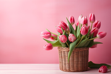 A basket of pink tulip flowers on a pink background with empty space for text. Spring banner.