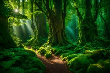 . A serene landscape unfolds in the enchanted forest, where emerald hues dominate the scene