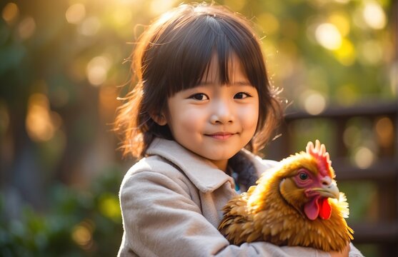 Child hugging a chicken or hen