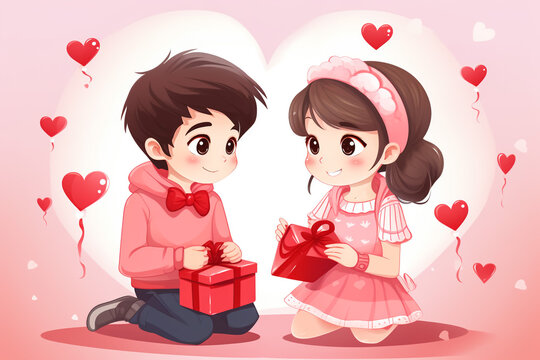 Saint Valentine's day. Pretty girl with red dress kissing a gentleman boy with blue vest, red butterfly tie, red roses bucket and heart shaped gift box. Valentines day kids. Love and friendship
