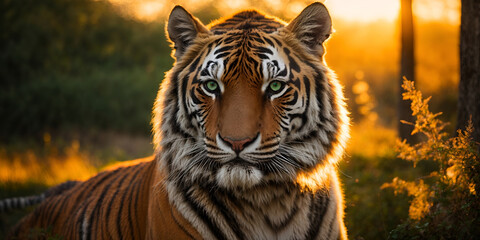 Emerald fire in the Siberian dusk: A tiger's piercing gaze ignites awe in this capture. Golden sunlight paints its regal form, commanding respect and admiration.