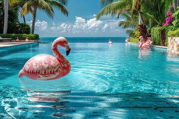 A tropical oasis awaits as palm trees sway in the background, pink flamingos gracefully float in the crystal clear pool, inviting you to escape to a dreamy vacation at this luxurious resort - obrazy, fototapety, plakaty