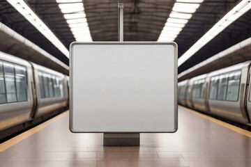 Blank billboard on the platform of a subway station. 3d rendering
