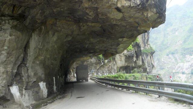 Kinnaur District's high-altitude highways with rock overhangs or rock shelters in the Indian Himalayas