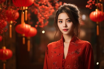 Close up portrait asian chinese woman in traditional cheongsam qipao dress on blurred red lantern background. Chinese new year. Generated AI.