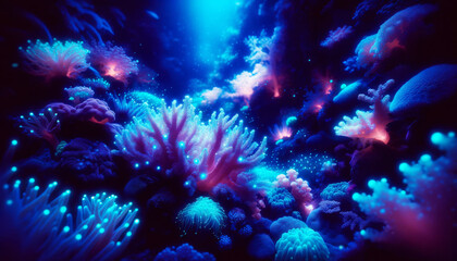 Fototapeta na wymiar Fantasy Underwater Seascape with Glowing Coral. Underwater fantasy scene with bioluminescent coral and marine life.