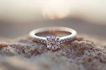 Sparkling diamond on sandy shore, a symbol of love and commitment, a fashionable and luxurious accessory for a pre-engagement or wedding