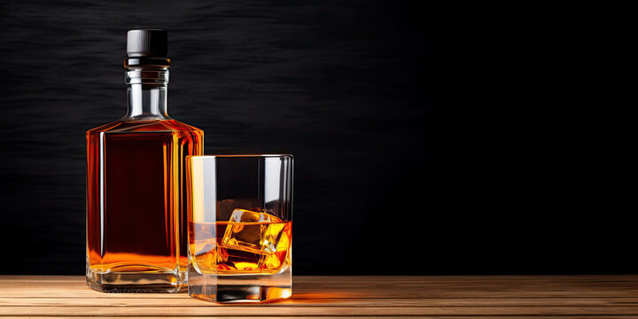 Scotch or whiskey bottle and glass on a wooden table with a black background. Free space for product placement or advertising text.