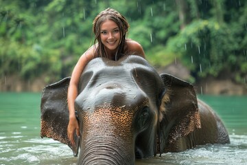 A fearless woman embraces the majestic indian elephant as they both immerse themselves in the tranquil waters, surrounded by lush trees and guided by a trusted mahout