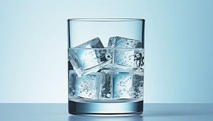 Glass of water with ice cubes on blue background. 3d illustration