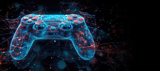 Generative AI, Neural network synapse futuristic illustration with joystick game controller dark background for video games, copy space - obrazy, fototapety, plakaty
