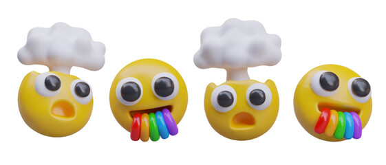 Composition with different emoticons in different positions. Emoticon with shock reaction and emoji yawning with rainbow. Vector illustration in 3d style with white background