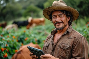 A rugged cowboy, sporting a sun hat and holding a tablet, stands among a field of wildflowers and grazing cattle in the warm outdoor sun