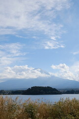 fuji mountain, lake, cloud