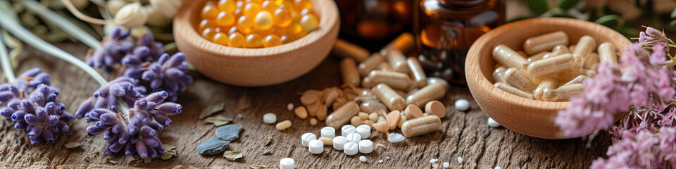 homeopathy capsules and dry flower petals 