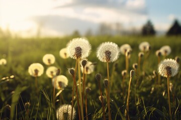  a field full of dandelions with the sun shining through the clouds and the grass in the foreground is a field of green grass and blue sky with white fluffy dandelions in the foreground.