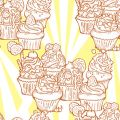Tasty sweet cupcake dessert decorative seamless pattern for textile design, fabric print, digital or wrapping paper, wallpaper, background and backdrop, bakery shop decoration, cafe, restaurant menu.