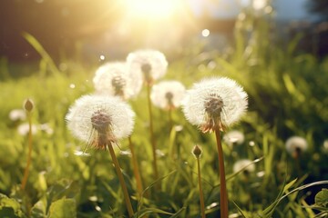  a field full of dandelions with the sun shining through the dandelions and the grass in the foreground is green, with little white flowers in the foreground.