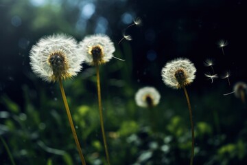  a group of dandelions blowing in the wind on a sunny day in a field of green grass with a blurry background of trees in the foreground.