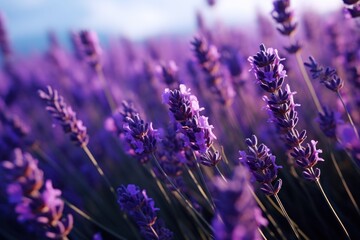  a field of lavender flowers with a blue sky in the background and a few purple flowers in the foreground, with a soft focus on the foreground of the foreground.