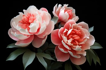  three pink and white flowers with green leaves on a black background with a black background and a black background with a white and red flower in the middle of the center.