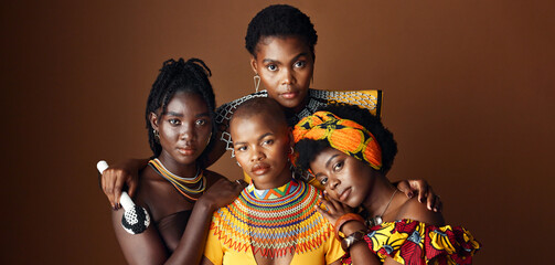 African women, group and studio for culture with face, jewelry or beads necklace in clothes by...