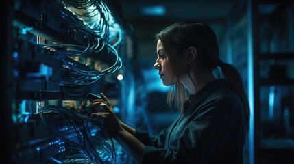 Modern Data Technology Server Racks in big room, IT engineer working on data rack, copy space for text